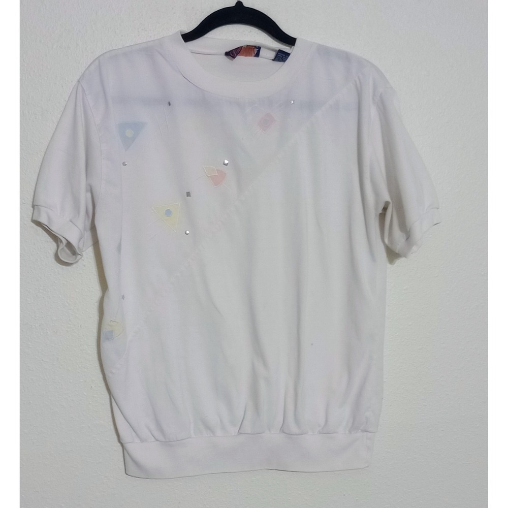 Vintage Great Directions White Geometric Pastel Studded Short Sleeve Top Large
